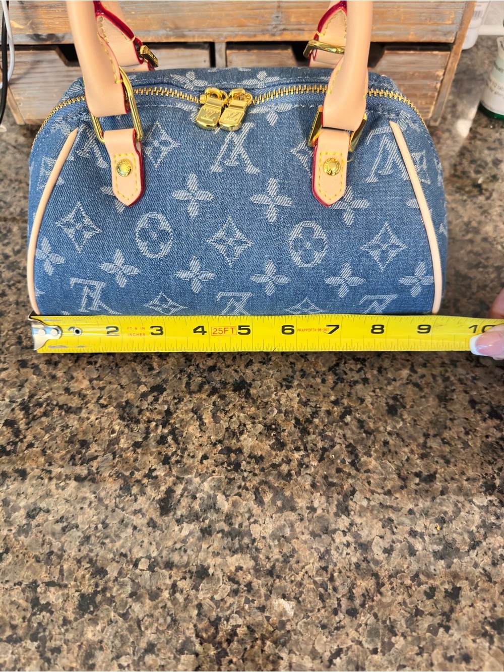 Lux inspired Nano Speedy bag is blue monogram denim. - Picture 14 of 16